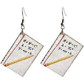 Colorful Blackboard Book Pencil Owl Wooden Dangle Earrings Asymmetric Creative Funny Art Math Readinng Librarian Teacher Earring for Women Girl Student Graduation Back to School Jewelry