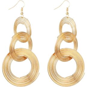 Gold Plated Long Disco Circle Earrings Vintage Retro Layered Multiple 3 Round Hollow Out Geometric Lightweight Large Dangle Drop Earrings for Women Girls 70s 80s Prom Party Fashion Jewelry Gifts