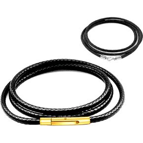 Handmade 2mm black Waterproof Braided Leather Necklace With Gold Stainless Steel bayonet Clasp Unisex Wax Rope Chain Necklace For Men Women Girl Boy 14-36inch & Free Steel Silk Chain