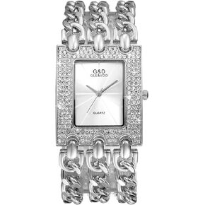 Women Iced Out Bling Watch Square Round Silver Rhinestones Crystal Bezel Bracelet Bangle Cuff Casual Fashion Dress Wrist Watch for Christmas