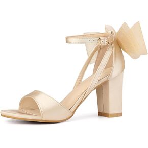 Allegra K Women's Mesh Bow Ankle Strap Open Toe Chunky Heel Sandals