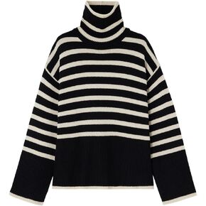 LuFeng Women's Winter Sweaters Casual Striped Knit Long Sleeve Turtleneck Side Split Oversized Pullover Sweater Loose Tops