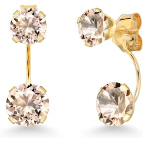 Gem Stone King 14K Yellow Gold Peach Morganite Dual Drop 2 Stone Round Earrings for Women (2.00 Cttw, Gemstone Birthstone, Round 6MM and 5MM)