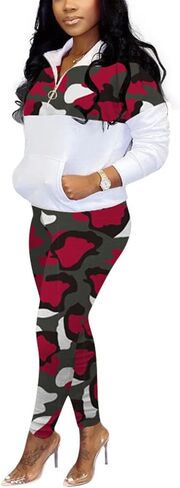 طقم ملابس THLAI مكون من قطعتين للنساء بطباعة مموهة وأكمام طويلة وسحاب وسراويل طويلة، أطقم مقاسات كبيرة in Kuwait