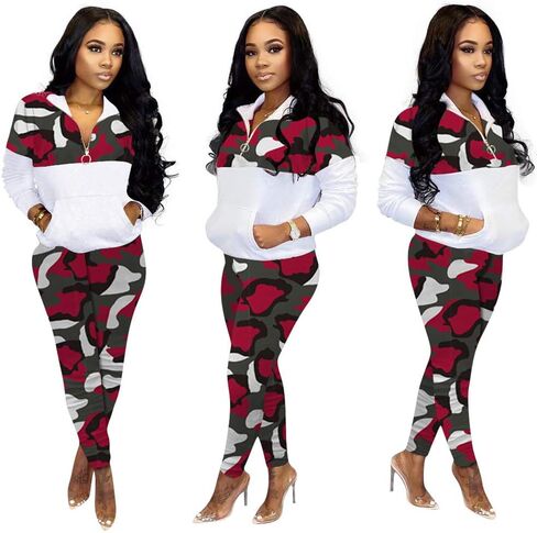 طقم ملابس THLAI مكون من قطعتين للنساء بطباعة مموهة وأكمام طويلة وسحاب وسراويل طويلة، أطقم مقاسات كبيرة in Kuwait