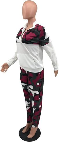 طقم ملابس THLAI مكون من قطعتين للنساء بطباعة مموهة وأكمام طويلة وسحاب وسراويل طويلة، أطقم مقاسات كبيرة in Kuwait