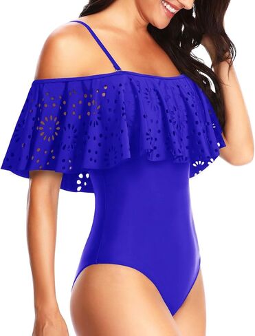 Tempt Me Women One Piece Off Shoulder Lace Swimsuits Ruffle Flounce Hollow Bathing Suits in Kuwait