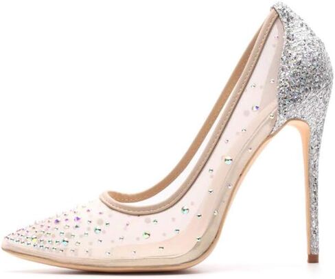 Rhinestone Pointed Toe Silver High Heels Women Pumps Transparent Party Wedding Shoes in Saudi Arabia