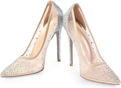 Rhinestone Pointed Toe Silver High Heels Women Pumps Transparent Party Wedding Shoes in Saudi Arabia