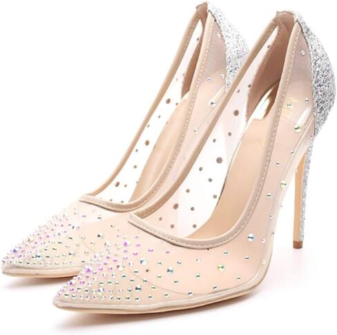 Rhinestone Pointed Toe Silver High Heels Women Pumps Transparent Party Wedding Shoes in Saudi Arabia