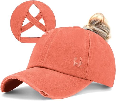 Womens Criss Cross Ponytail Baseball Cap Distressed Ponytail Hat High Messy Bun Trucker Ponycap for Outdoor Sports in Saudi Arabia