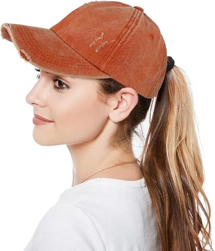 Womens Criss Cross Ponytail Baseball Cap Distressed Ponytail Hat High Messy Bun Trucker Ponycap for Outdoor Sports in Saudi Arabia