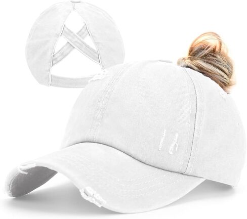 Womens Criss Cross Ponytail Baseball Cap Distressed Ponytail Hat High Messy Bun Trucker Ponycap for Outdoor Sports in Saudi Arabia