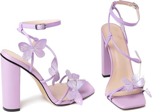 AUMOTED Womens Sandals Chunky Block High Heels Butterfly Wings Heeled Sandals Strappy Open Square Toe Summer Dress Shoes 4 Inch in Saudi Arabia