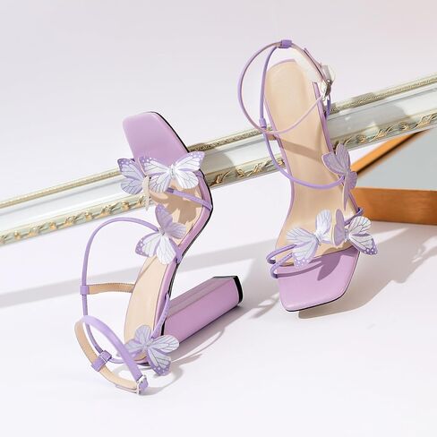 AUMOTED Womens Sandals Chunky Block High Heels Butterfly Wings Heeled Sandals Strappy Open Square Toe Summer Dress Shoes 4 Inch in Saudi Arabia