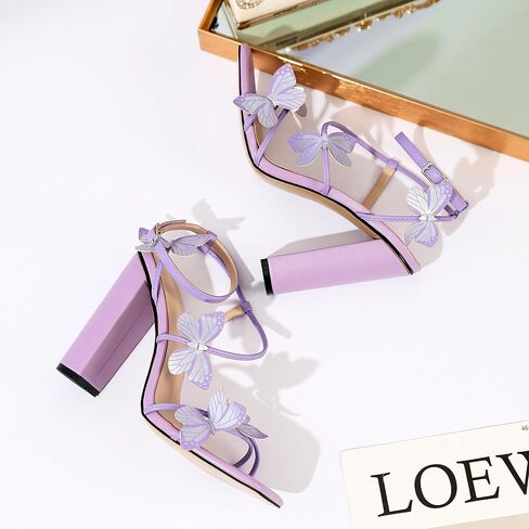 AUMOTED Womens Sandals Chunky Block High Heels Butterfly Wings Heeled Sandals Strappy Open Square Toe Summer Dress Shoes 4 Inch in Saudi Arabia