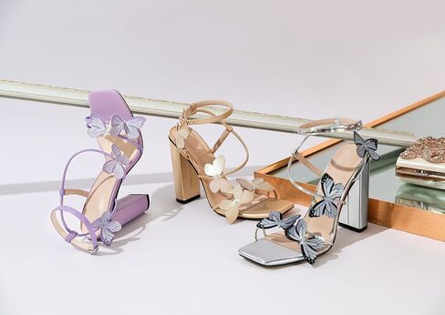 AUMOTED Womens Sandals Chunky Block High Heels Butterfly Wings Heeled Sandals Strappy Open Square Toe Summer Dress Shoes 4 Inch in Saudi Arabia