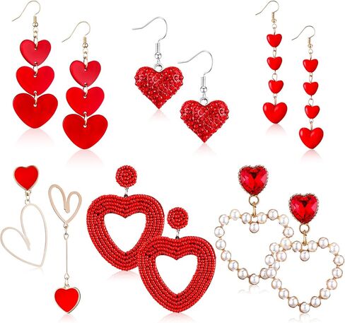 JaGely 6 Pairs Valentine's Day Earrings for Women Girls Red Heart Dangle Earrings Artificial Pearl Earring Shiny Crystal Beads Earrings for Valentine's Day Mother's Day Wedding Jewelry Gift Supplies in Saudi Arabia