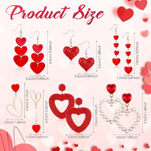 JaGely 6 Pairs Valentine's Day Earrings for Women Girls Red Heart Dangle Earrings Artificial Pearl Earring Shiny Crystal Beads Earrings for Valentine's Day Mother's Day Wedding Jewelry Gift Supplies in Saudi Arabia
