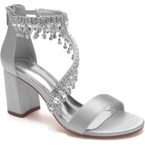 Hyinlays Women's Chunky Block Heels Crystal High Heel Pump Sandals Ankle Strap Wedding Shoes Prom Evening Pumps
