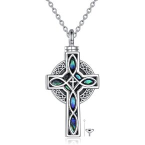 YFN Celtic Cross Urn Necklace Sterling Silver Celtic Knot Ashes Pendant Abalone Shell Cross Cremation Jewelry Gifts for Women Men