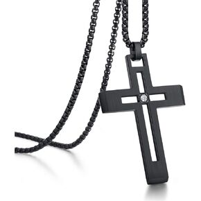 Jiamiaoi Cross Necklace for Men Surgical Steel Mens Cross Necklace 316L Stainless Steel Cross Pendant Necklace in Color Silver/Black/Gold, Nickel Free Steel Cross Necklaces Chain 22In-26In
