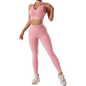 WDIRARA Women's 2 Pieces Outfits Letter Patched Collar V Neck Seamless Sports Top and Skinny Leggings Set