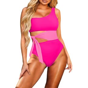 Viottiset Women's One Shoulder Cut Out Tie Waist One Piece Swimsuit Cheeky High Cut Bathing Suit