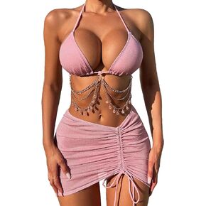 COZYEASE Women's 3 Piece Bikini Set Backless Halter Neck Triangle Chain Swimsuit Set with Beach Skirt Set