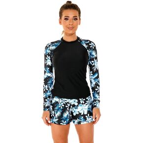 IMEKIS Women Long Sleeve Rash Guard Set Swimwear Two Pieces Floral Print Swim Shirt with Shorts Swimsuit Bathing Suits