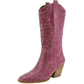 Alice 12 Inches Women's Knee High Rhinestone Sparkling Crystal Stacked Heel Western Boots in Saudi Arabia