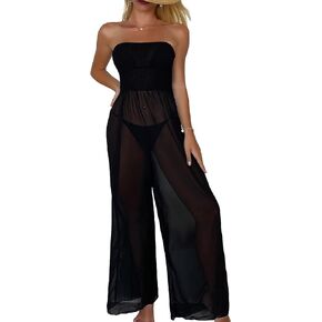 Milumia Women's Strapless Bandeau Tube Top Long Pant Sheer Swimwear Cover Ups Beach Jumpsuit