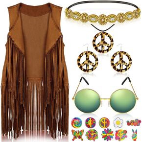Kathfly 16 Pcs 60s 70s Outfits for Women Hippie Costume Set Boho Fringe Vest Tassel Peace Sign Earring Necklace Headband