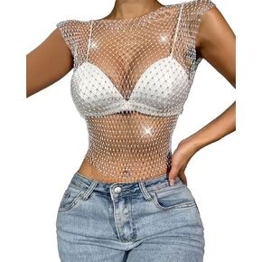 Women's Sexy Fishnet Tops Shiny Sleeveless Rhinestone Hollow Round Neck Tops Mesh Vest See Through Costumes
