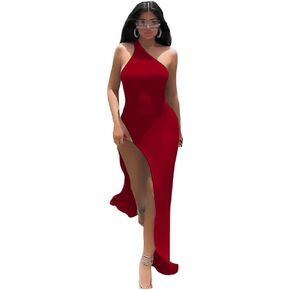 XLLAIS Ribbed Dress Sexy One Shoulder Split Maxi Long Dresses Beachwear