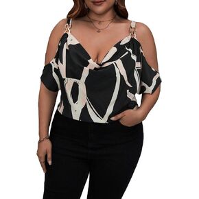 OYOANGLE Women's Plus Size Cold Shoulder Blouses Graphic Print Draped Collar Summer Casual Shirt Tops