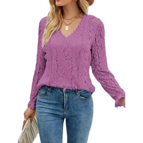 LYANER Women's Elegant Lace V Neck Lined Long Sleeve Tunic Blouse Shirt Top