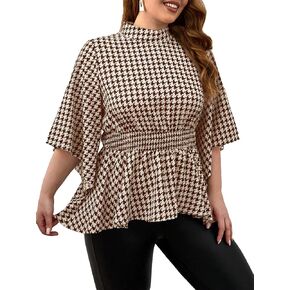 WDIRARA Women's Plus Size Houndstooth Print Plaid Ruch Ruffle Hem High Neck Flare Half Sleeve Casual Blouse Tops