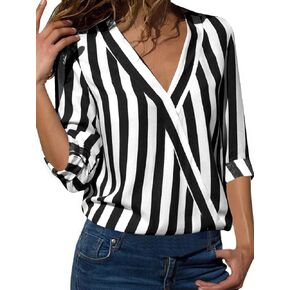 Umenlele Women's Striped Printed V Neck Wrap Front Long Sleeve Pullover Blouse Shirt Top