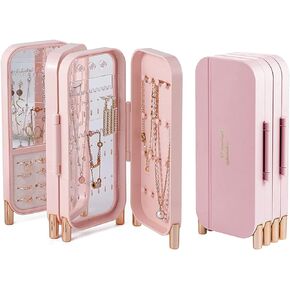 Lejesth Foldable Jewelry Organizer Box with Mirror, 4-Layer Dustproof Earring Necklace and Rings Organizer, Space saving Jewelry box for for Women and Girls, Gifts for Girl (Pink)