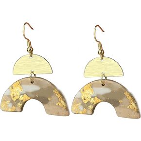 Bohamian Polymer Ceramic Clay Long Drop Dangle Earring Boho Fan-shaped Sector Mottled Marble Pattern Statement Ellipse Earrings for Women Girl Teen Handmade Lightweight Geometric Jewelry Gift