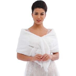 Women's Long 1920 Faux Fur Shawl Bridal Wedding Fur Wraps and Shawls Faux Mink Shawl (White, Faux Fur Rabbit)