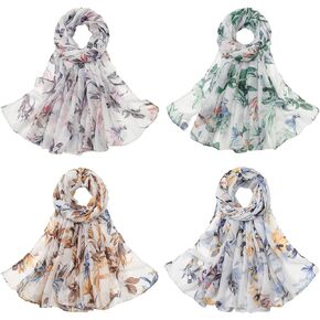 amokk Pack of 4 Floral Scarves for Women Lightweight Fashion Wraps and Shawls Large Elegant Hijab Head Scarfs