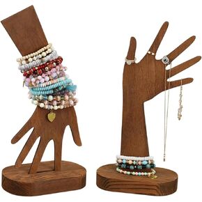 MOOCA 2 Pcs Set Multi-Functional Tabletop or Wall-Mountable Wooden Hand-Shaped Jewelry Display Stand For More Bracelet Storage, Premium Real Wood Sturdy Base, Brown Color in Kuwait