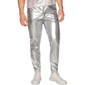 WDIRARA Men's Metallic PU Leather Pants Straight Leg Shiny Jogging Pants