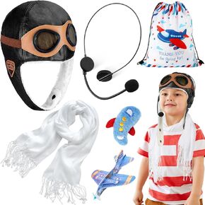 Aviator Costume Accessories Set with Pilot Hat Airplane Brooches Scarf for Halloween Birthday Party Cosplay Supplies