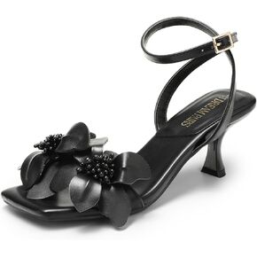 DREAM PAIRS Women's Flower Wedding Heels Cute Square Toe Slingback Low Kitten Heels Sandals with Ankle Strap