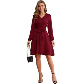 Laqeyko Winter Dresses for Women 2024 Casual Elegant V Neck Long Sleeve Ruffle Swing Wrap Dress with Belt