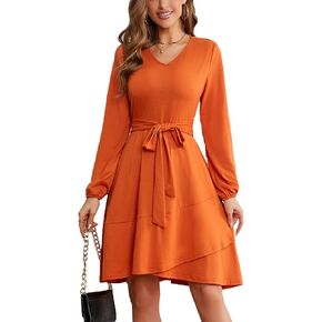 Laqeyko Winter Dresses for Women 2024 Casual Elegant V Neck Long Sleeve Ruffle Swing Wrap Dress with Belt