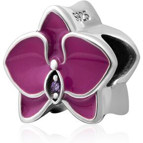 Orchid with Cz Stone and Enamel Charm 925 Sterling Silver Flower Charm Lucky Charm for DIY Charms Bracelet